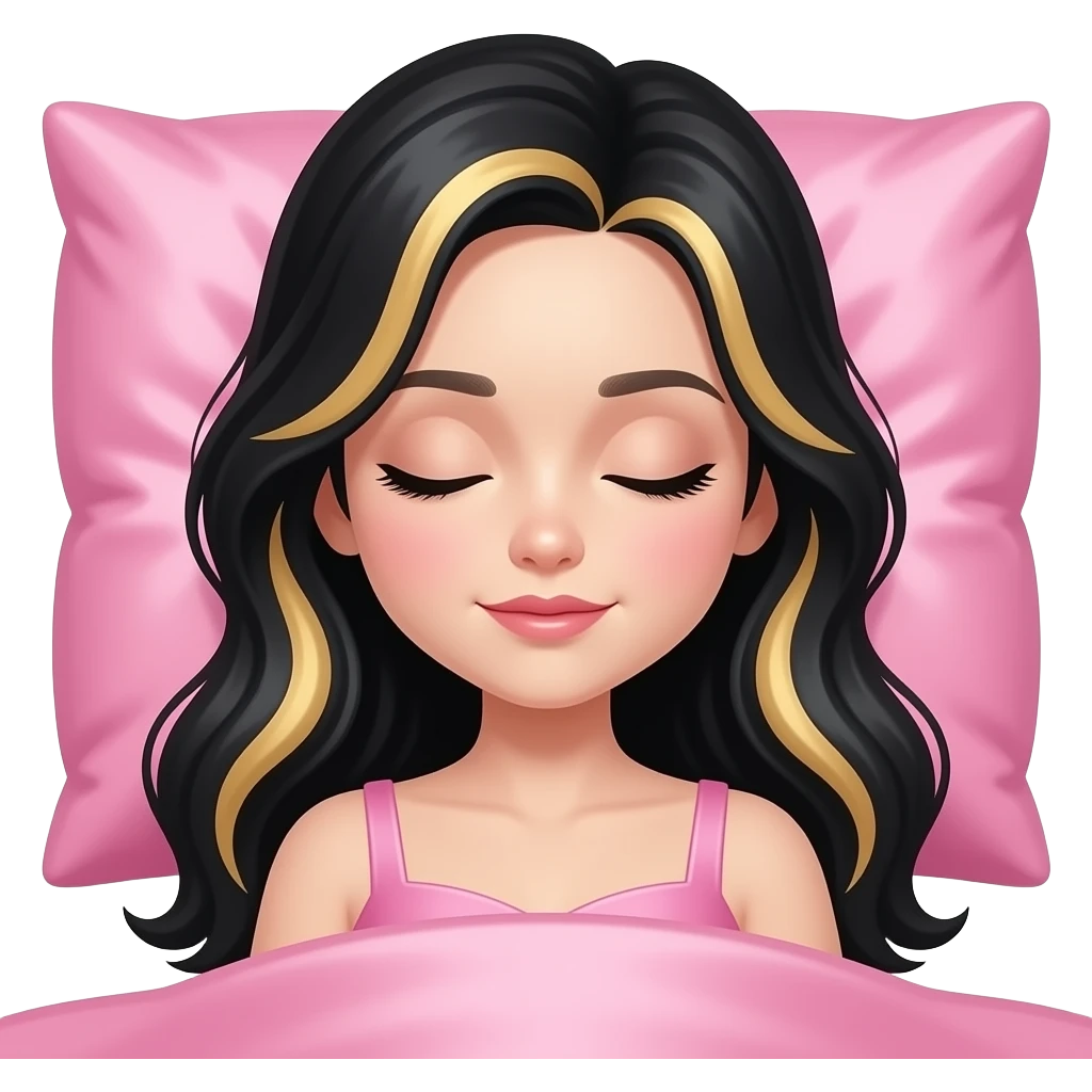 sleeping beauty girl with pale skin and black hair with blonde highlights with a pink silk pillow emoji