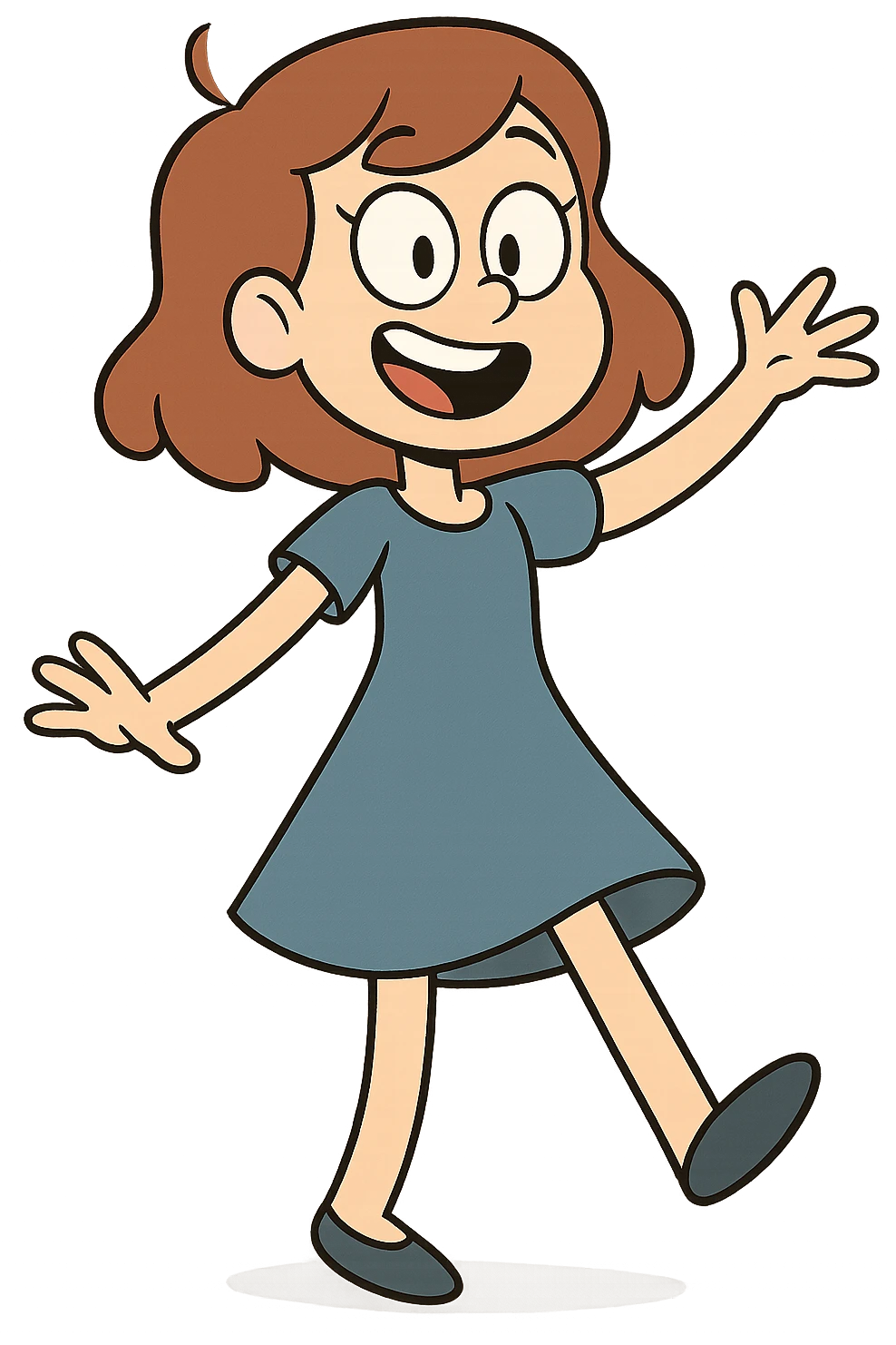 girl wearing blue dress, cheerful, cartoon style emoji