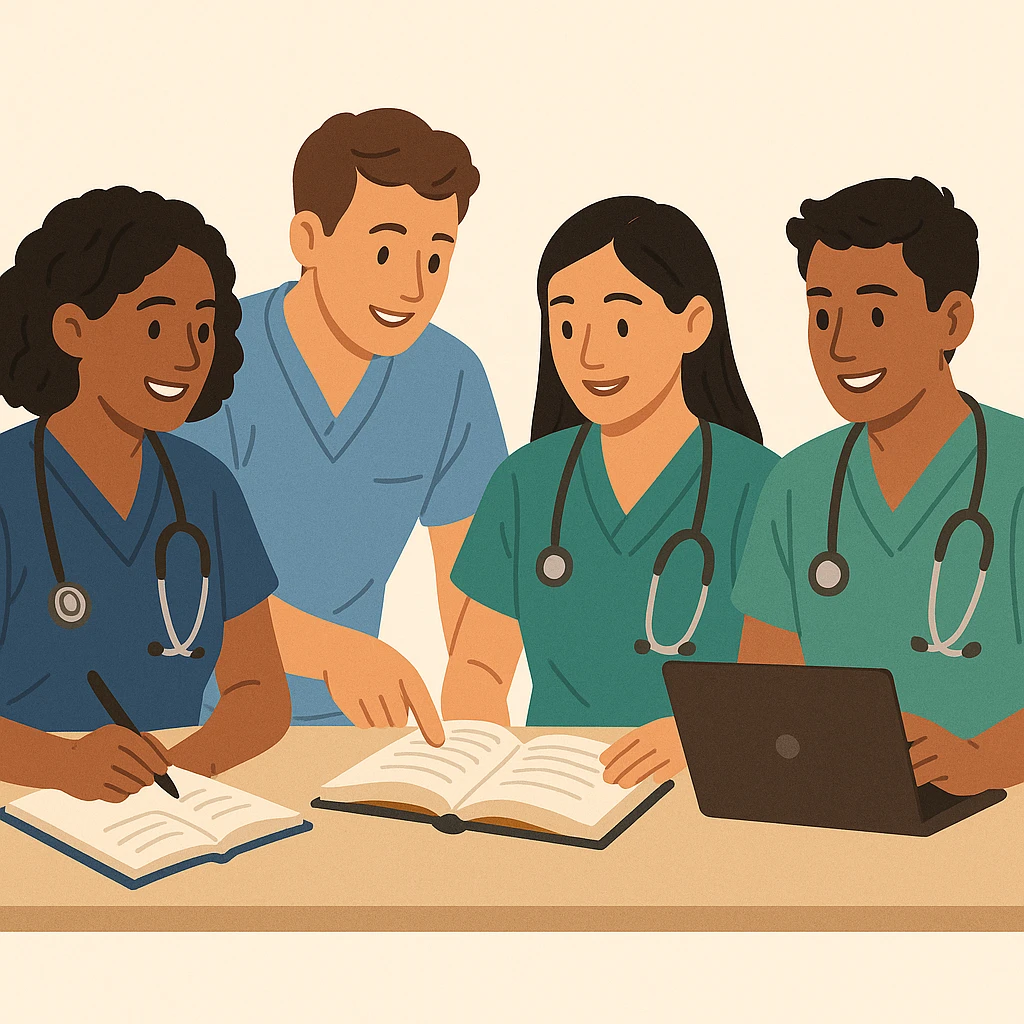 four nursing students working together, diverse group, collaborative, medical uniforms, friendly, modern illustration emoji