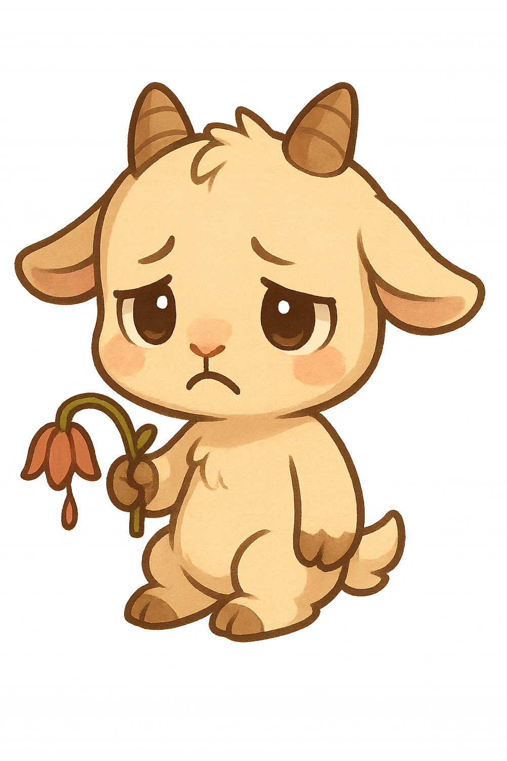 chibi goat, sad, holding a wilted flower, frowning, simple background emoji