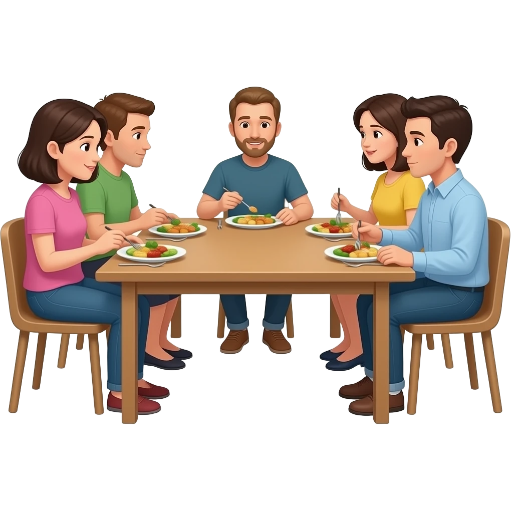 groups of people in room sitting at a table eating emoji