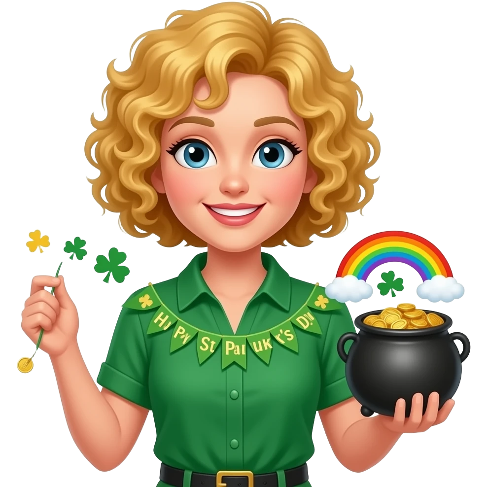 blonde tight curly hair in a short bob with Happy St. Patrick's day banner in a green blouse with rainbow and a pot of gold emoji