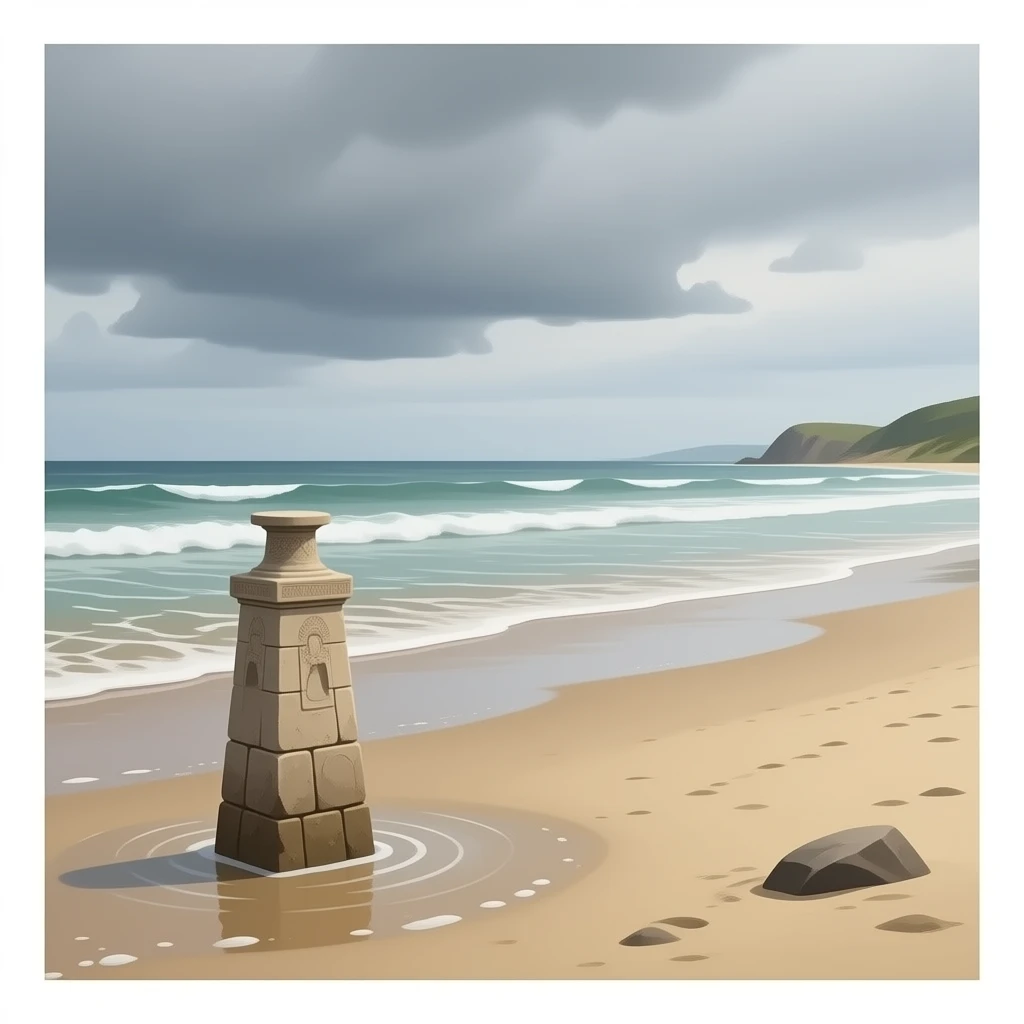 a small archaeological piece of an ancient monument sticks out of the sand on the shore of a sea that has receded after low tide, a vast landscape with a gray dramatic sky emoji