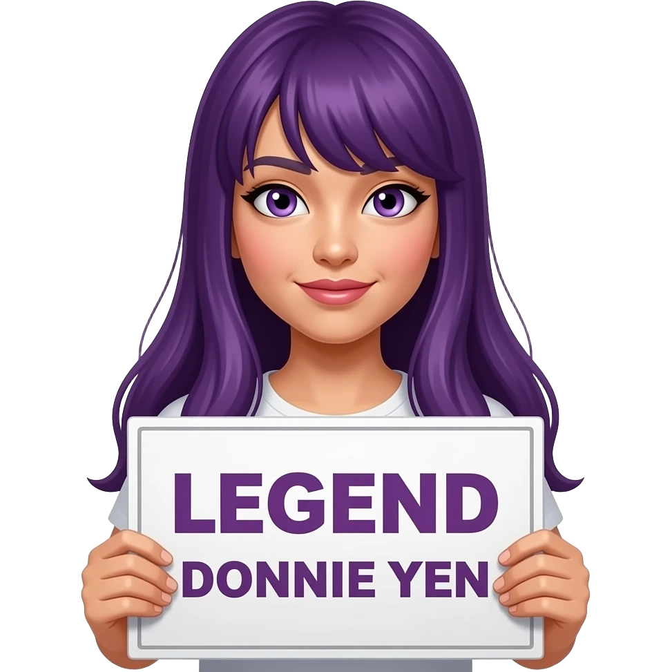 sexy girl with long purple hair and purple eyes holding a LEGEND DONNIE YEN sign emoji
