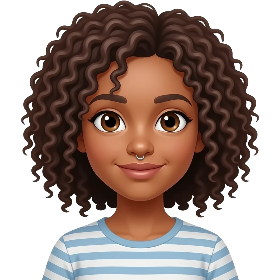light-skinned black girl with curly brown hair with a nose flap percing coding in a pc emoji