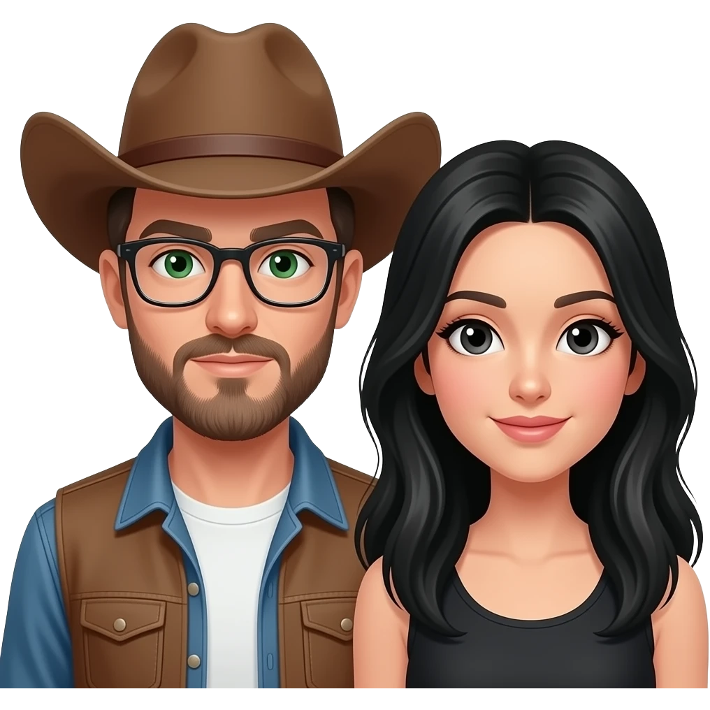 Vaquero con sombrero, sin lentes, con ojos verdes, güero y con barba cerrada, con su novia de cabello largo negro y ojos negros. emoji