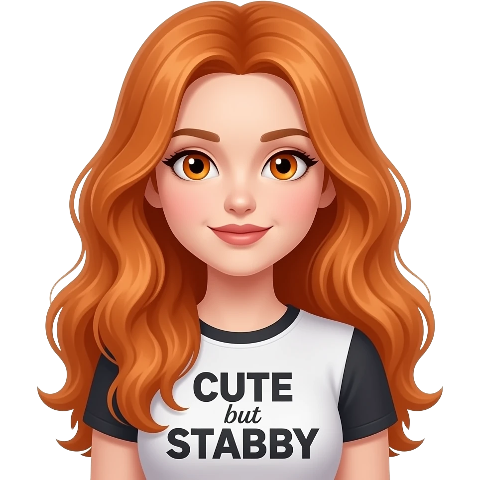 sexy girl with overlong ginger hair and ginger eyes a top with CUTE but STABBY written on it emoji