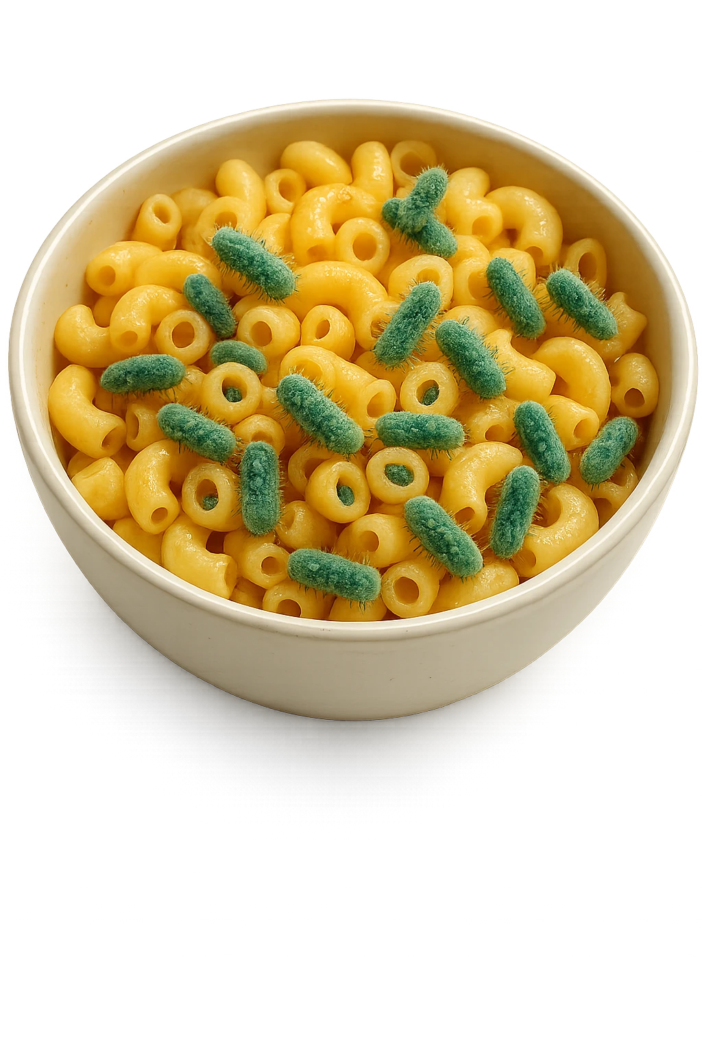 BOWL DI PASTA CON BATTERI INTESTINALI DENTRO, iperrealistico 4k, SFONDO BIANCO emoji