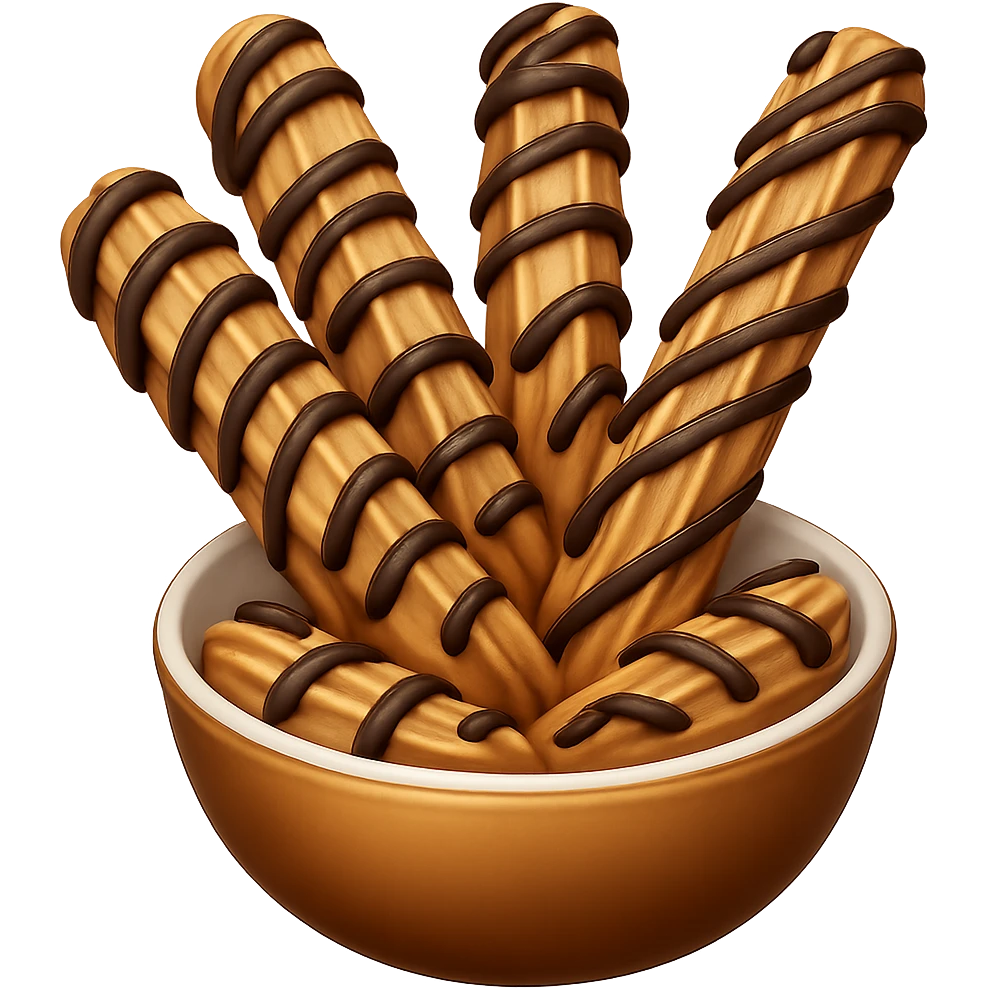 Add chocolate drizzle on top of the crispy golden churros. Keep the background transparent. Maintain the original style and look of the churros. emoji