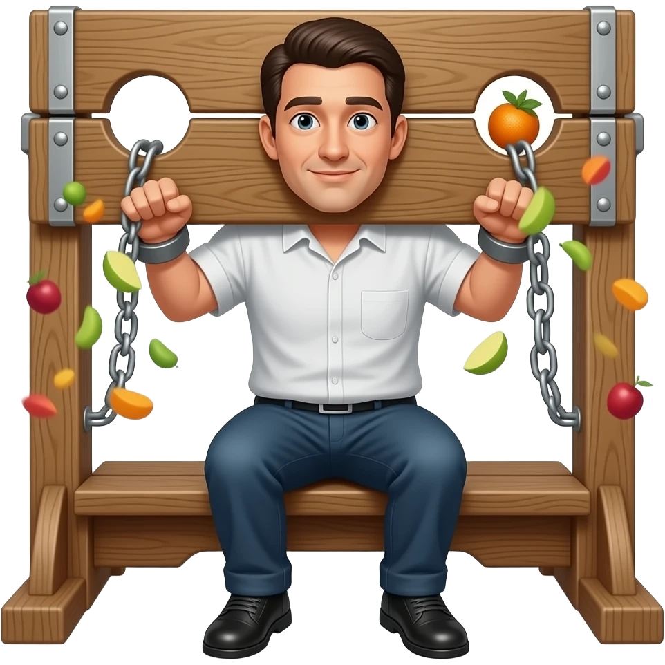can you generate a modern person (without any other people round them) constrained in the stocks/otherwise known as the pillory – the olden day punishment where people had fruit thrown at them] emoji