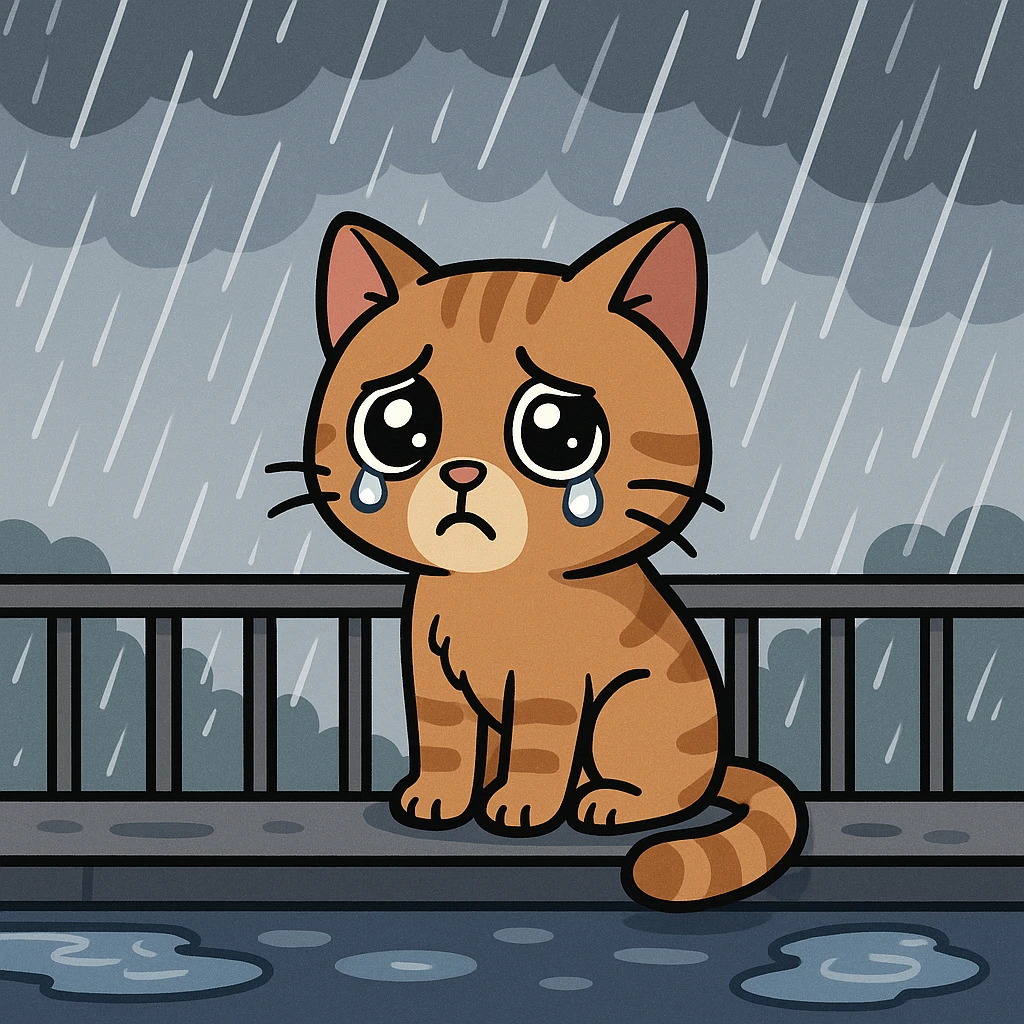 A cartoon-style sad cat on a balcony, watching the rain fall outside, with puddles forming. emoji