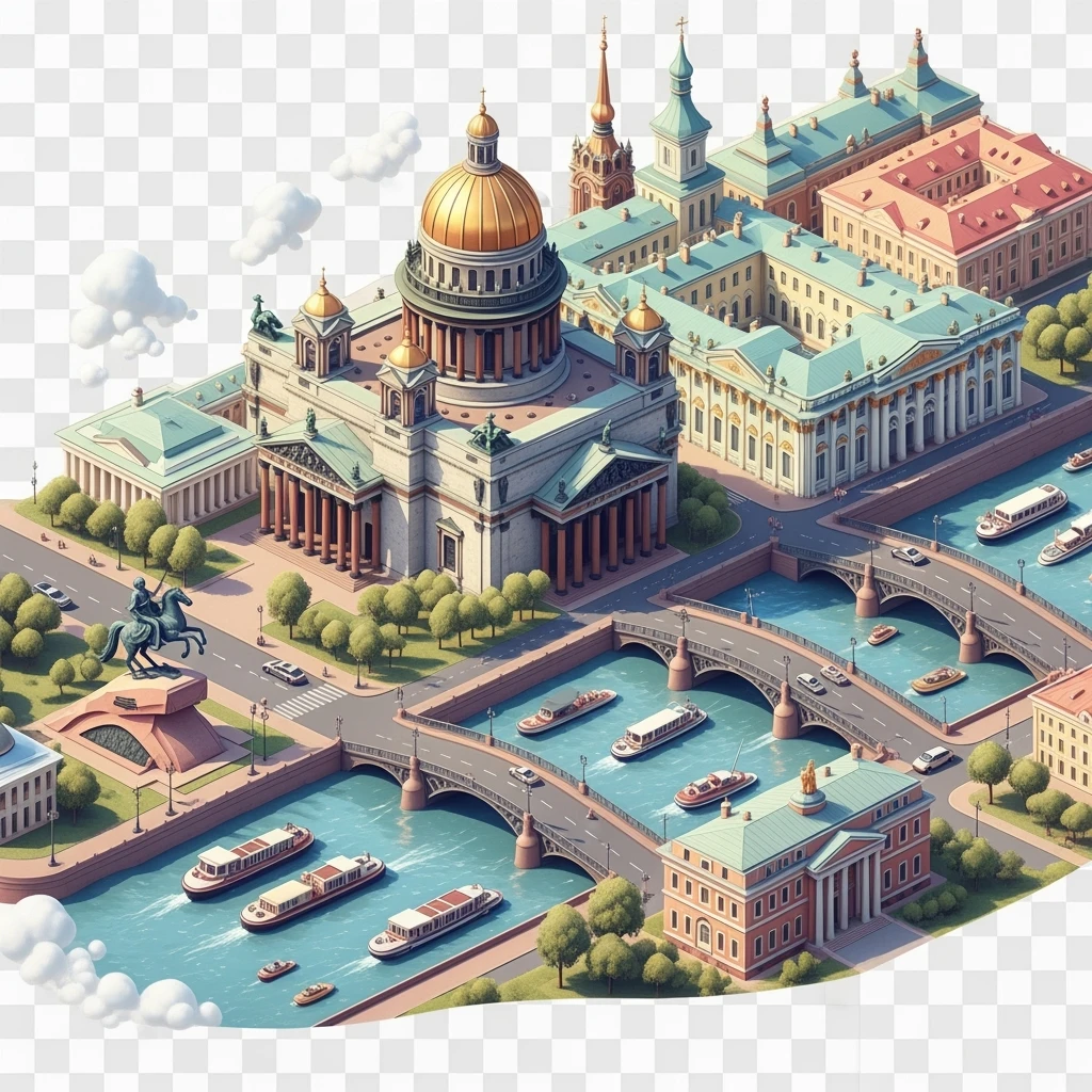 Isometric illustration of Saint Petersburg with the Saint Isaac’s Cathedral, the photorealistic Winter Palace, and the Bronze Horseman statue, toy boats and bridges, in pastel miniature diorama style, transparent background emoji