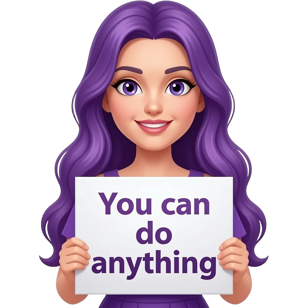 sexy girl with long purple hair and purple eyes wearing a dress holding a GIRL! You can do anyything sign emoji