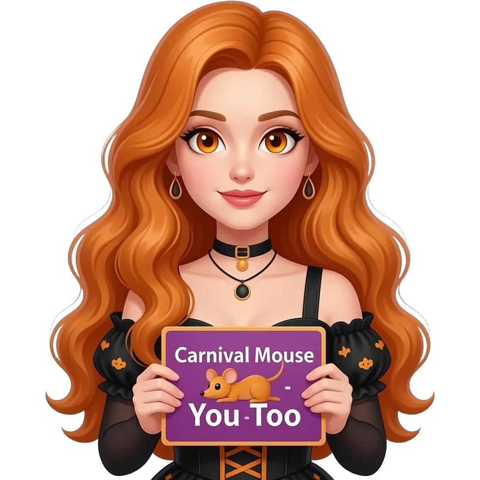 sexy girl with overlong ginger hair and ginger eyes wearing a halloween dress holding a KARNEVALS MAUS dich auch sign emoji