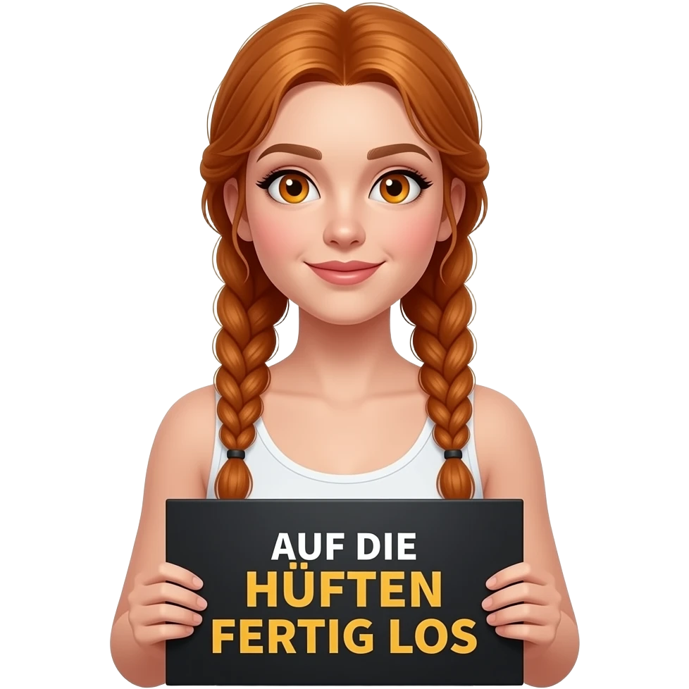 sexy girl with long ginger braids and ginger eyes wearing a white tanktop is holding a black sign with AUF DIE HÜFTEN FERTIG LOS written on it emoji