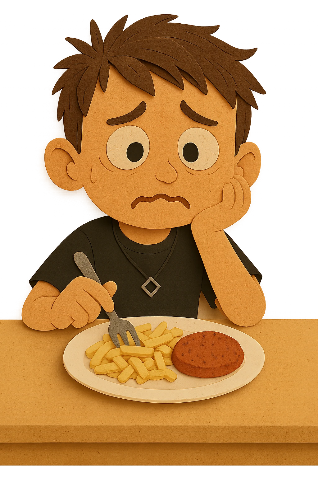 now looks slightly worried. He was told that if he doesn’t eat protein, he might not grow up. He sits at the same table, looking at the meat patty with concern, his expression a mix of hesitation and fear emoji