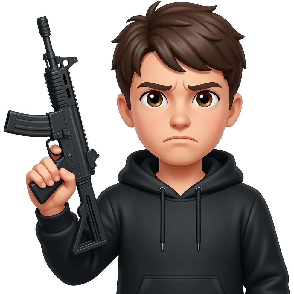 17 year old frowning teenager with black hoodie and uzi in hand emoji