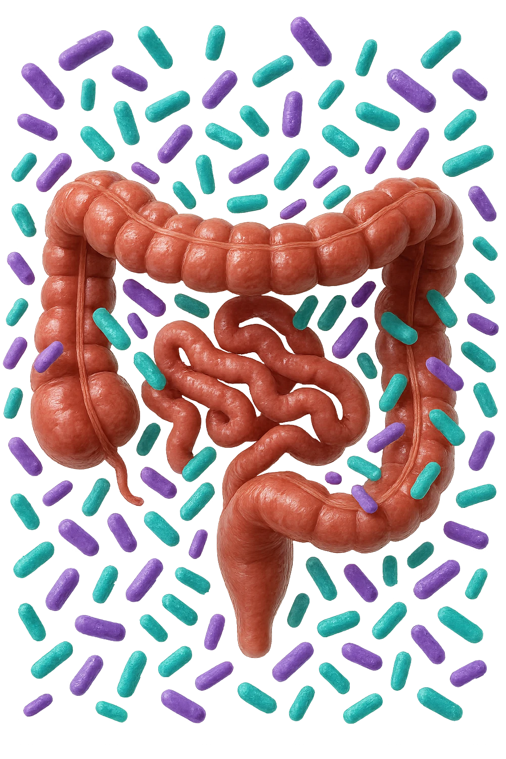 intestino umano anatomico realistico pieno di batteri intestinali viola e turchesi che gli fluttuano intorno, IPERREALISTICA 4K emoji
