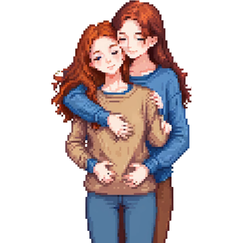 A red-haired girl in a beige blouse hugging a brunette in a blue sweater, vibrant colors emoji