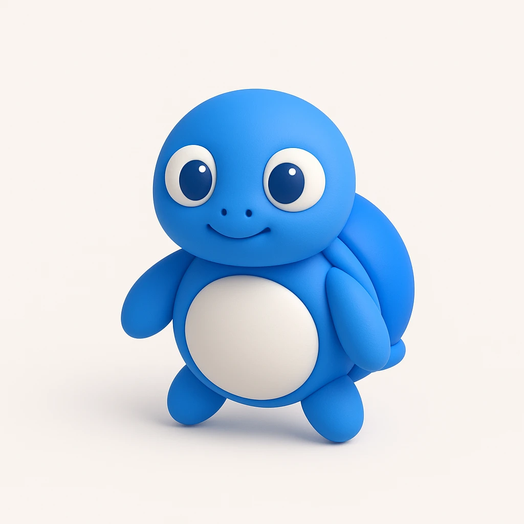 whimsical 3D green turtle with a round face, large expressive eyes and tiny paws emoji