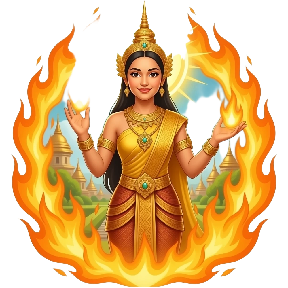 Nang Sida, the virtuous queen, pure face, standing gracefully amidst purifying fire, light radiating from body, intricate golden traditional costume, resetting effect aura, mythical palace background. emoji