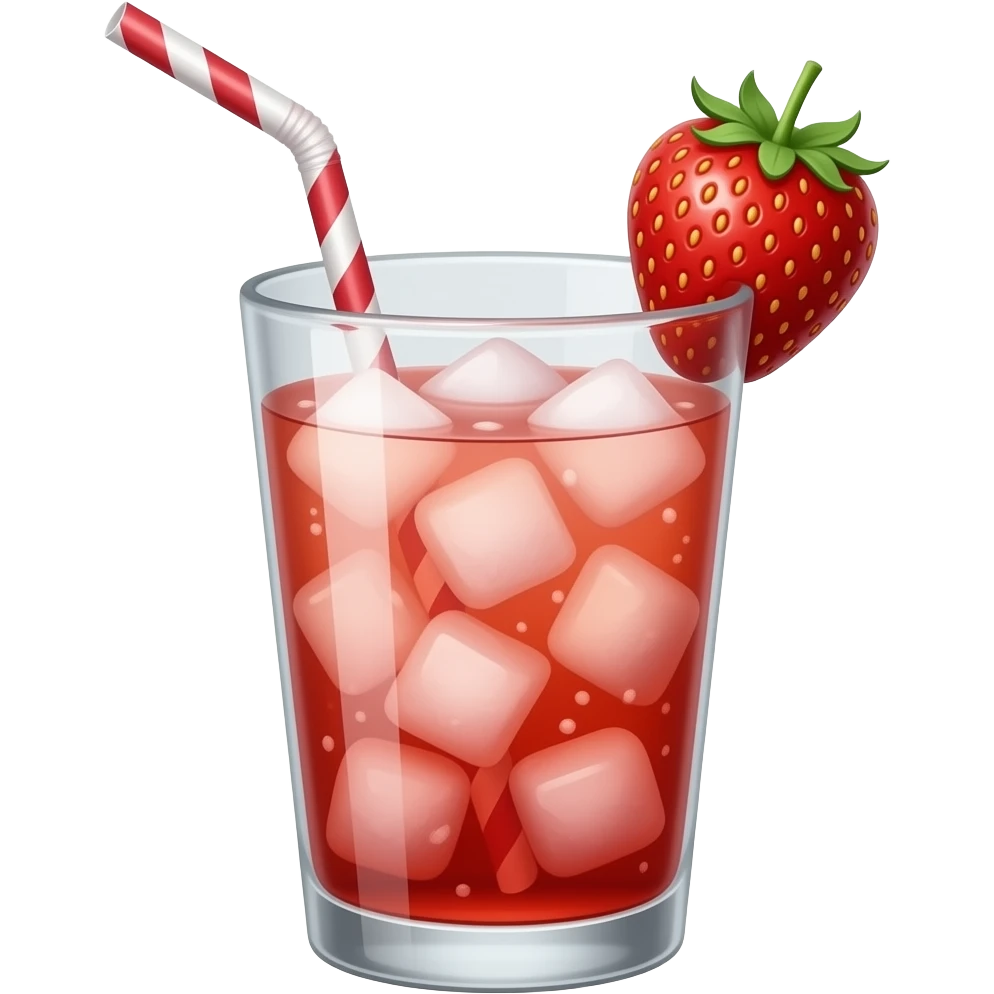 strawberry cold drink with ice and straw and one streawberry on the galss emoji
