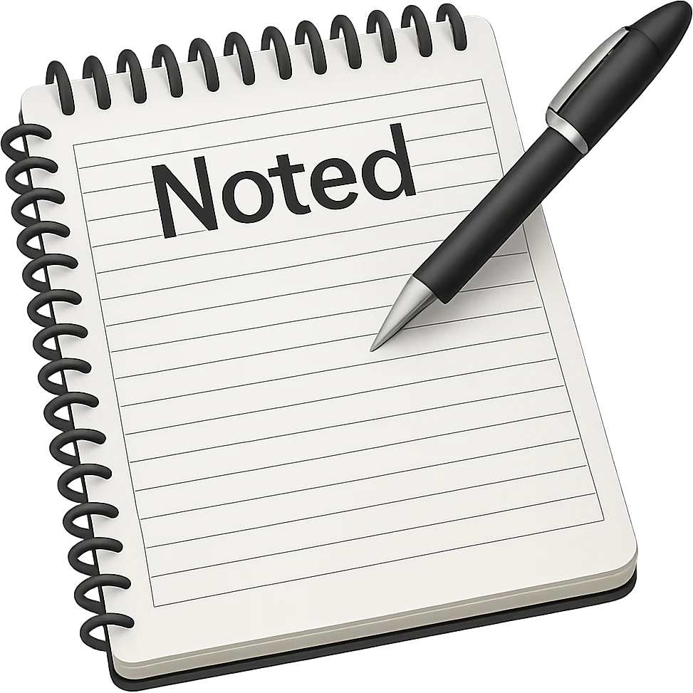Add the word 'noted' in a clear, simple font integrated with the apple style emoji. Keep the apple emoji style look and ensure no background (transparent). emoji