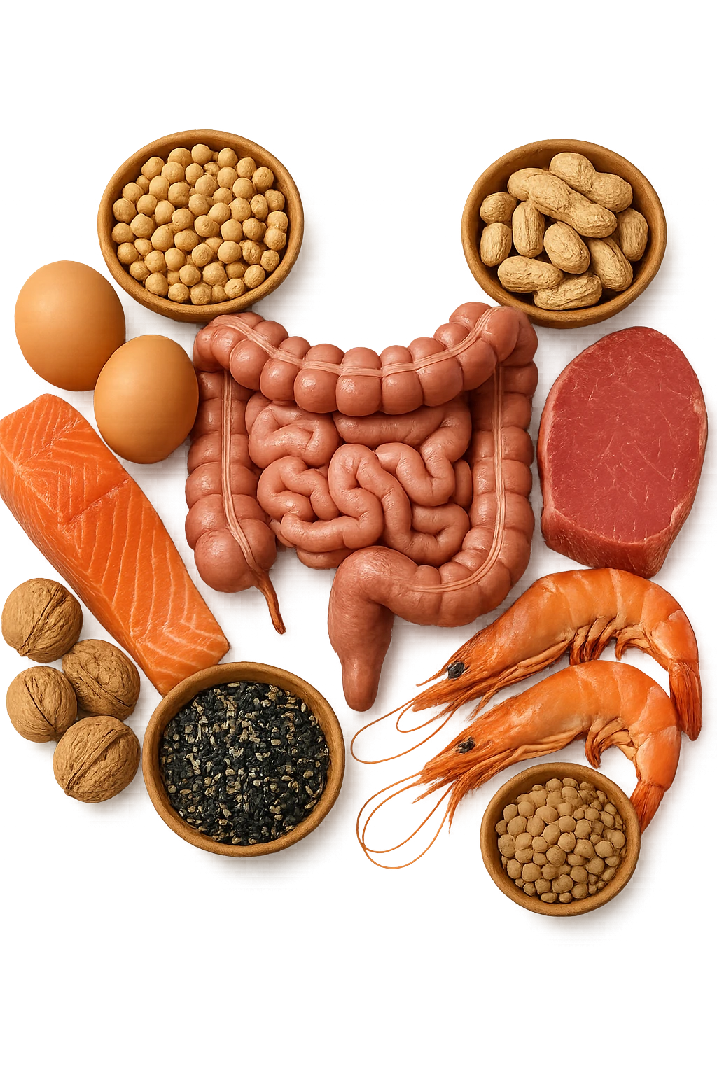 carne, uova, semi oleosi, legumi, crostacei insieme ad INTESTINO umanO realisticO, iperrealistici 4k emoji