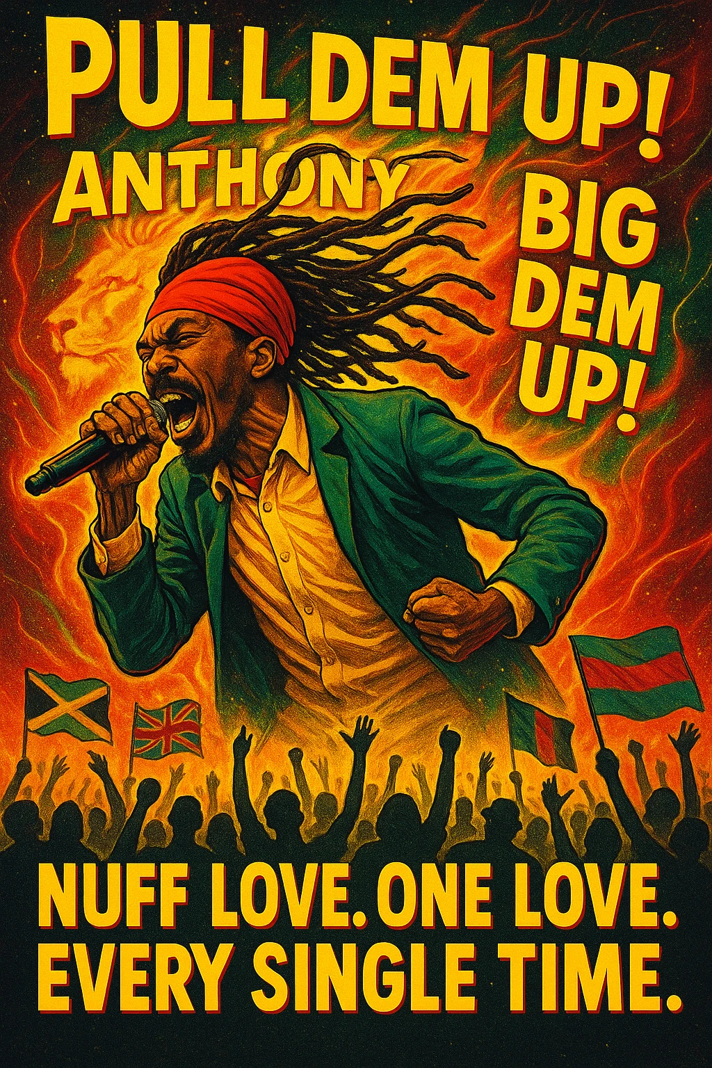 A vibrant reggae-inspired poster scene featuring Anthony B in full performance energy — dreadlocks flying, mic in hand, mid shout, pulling up the riddim. The background is a glowing fusion of red, gold, and green flames with lion imagery and subtle cosmic light trails. Around him, the words “Pull Dem Up! Big Dem Up!” explode like soundwaves. Below, a crowd of diverse viewers is shown — silhouettes of people from all nations, hands raised, flags waving (Jamaica, UK, Africa, etc). In bold text across the bottom: “Nuff Love. One Love. Every Single Time.” emoji
