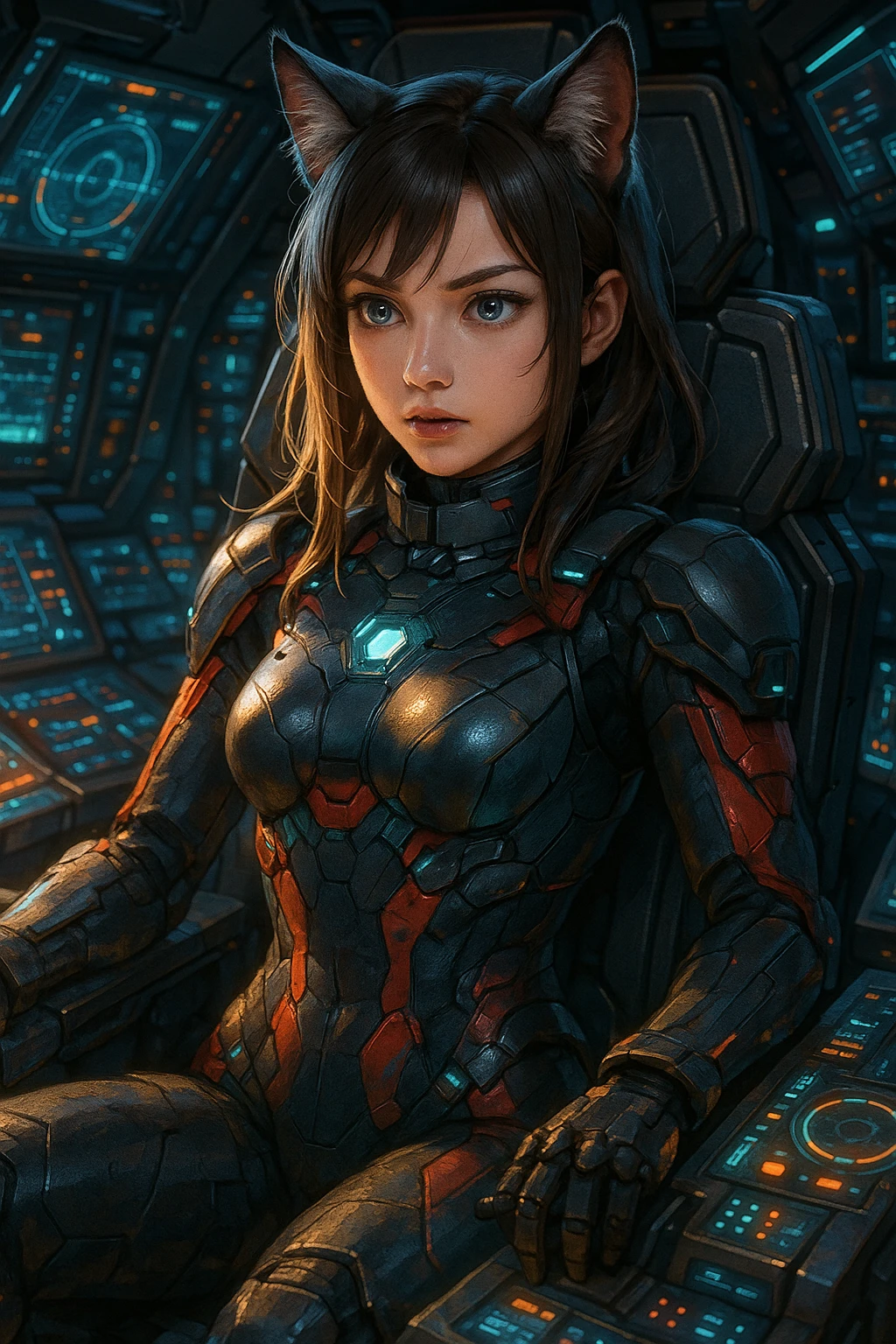 realistic anime catgirl in a sci-fi pilot suit, cockpit background, determined look emoji