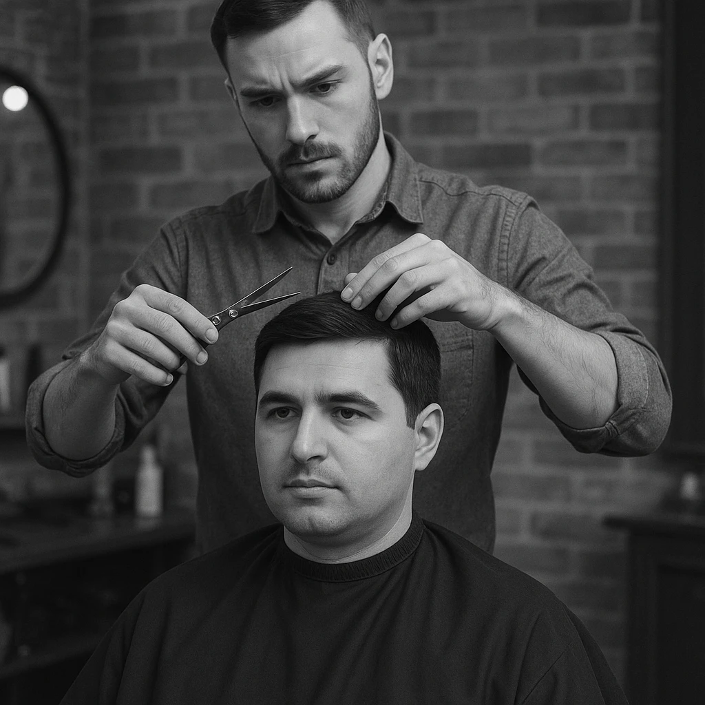 manashu akani yuzlaridan foydalanib sartarosh chizib bergin u soch olishga tayyor turganini chizib ber old rakursda bulsin mijoz tugriga qarab utirganini va sartarosh uni orqasida turib bitta ulida qaychi, ikkta quli bilan tayyorgarlik kurib turganini chizib ber xuddi 1,2,3 boshladik degandey birdaniga ishga kirishib ketadigan dek tayyor bulib tursin emoji