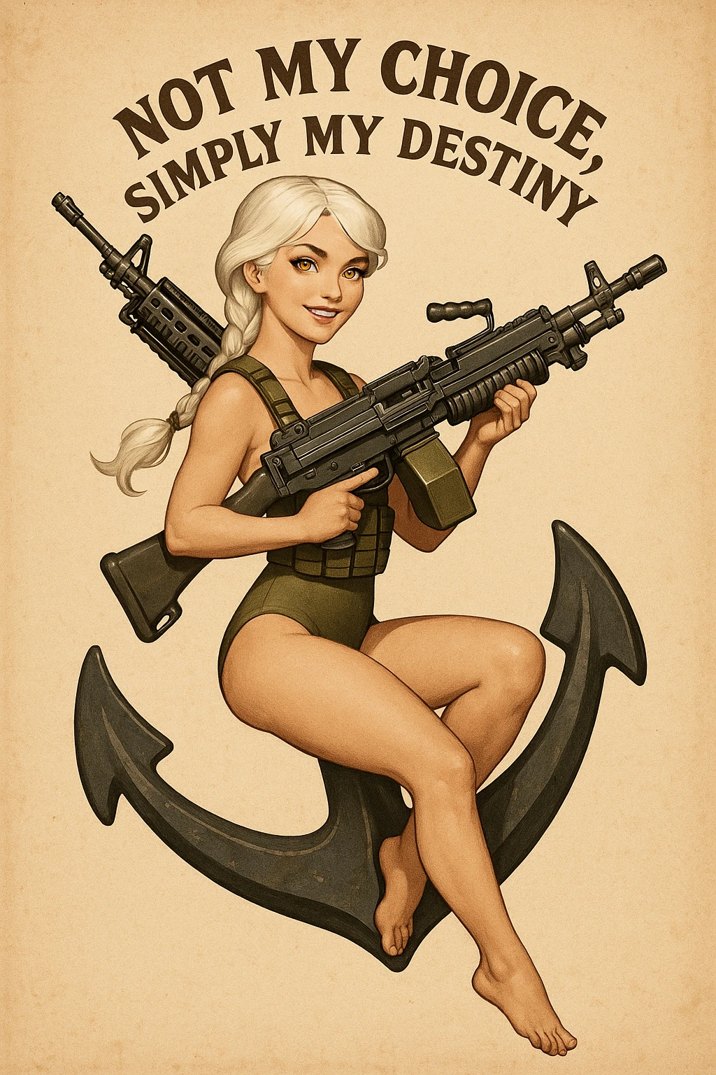 a retro military pinup " not my choice, simply my destiny "
; female figure young,gorgeous, white hair 1 braid, gold yellow eyes, riding side-saddle on a massive anchor , with a massive LMG 249,  wearing a swimsuit with plate-carrier emoji