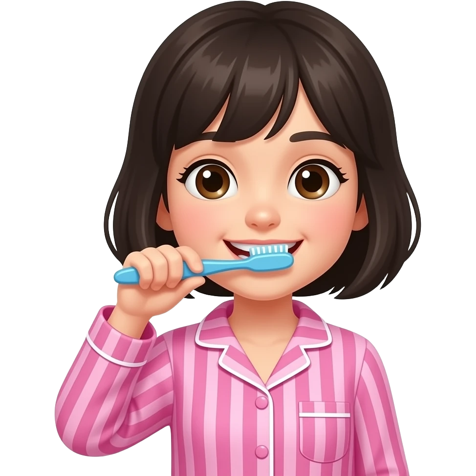 chica con pijama de rayas color rosa, de cabello oscuro y corto, cepillando sus dientes emoji