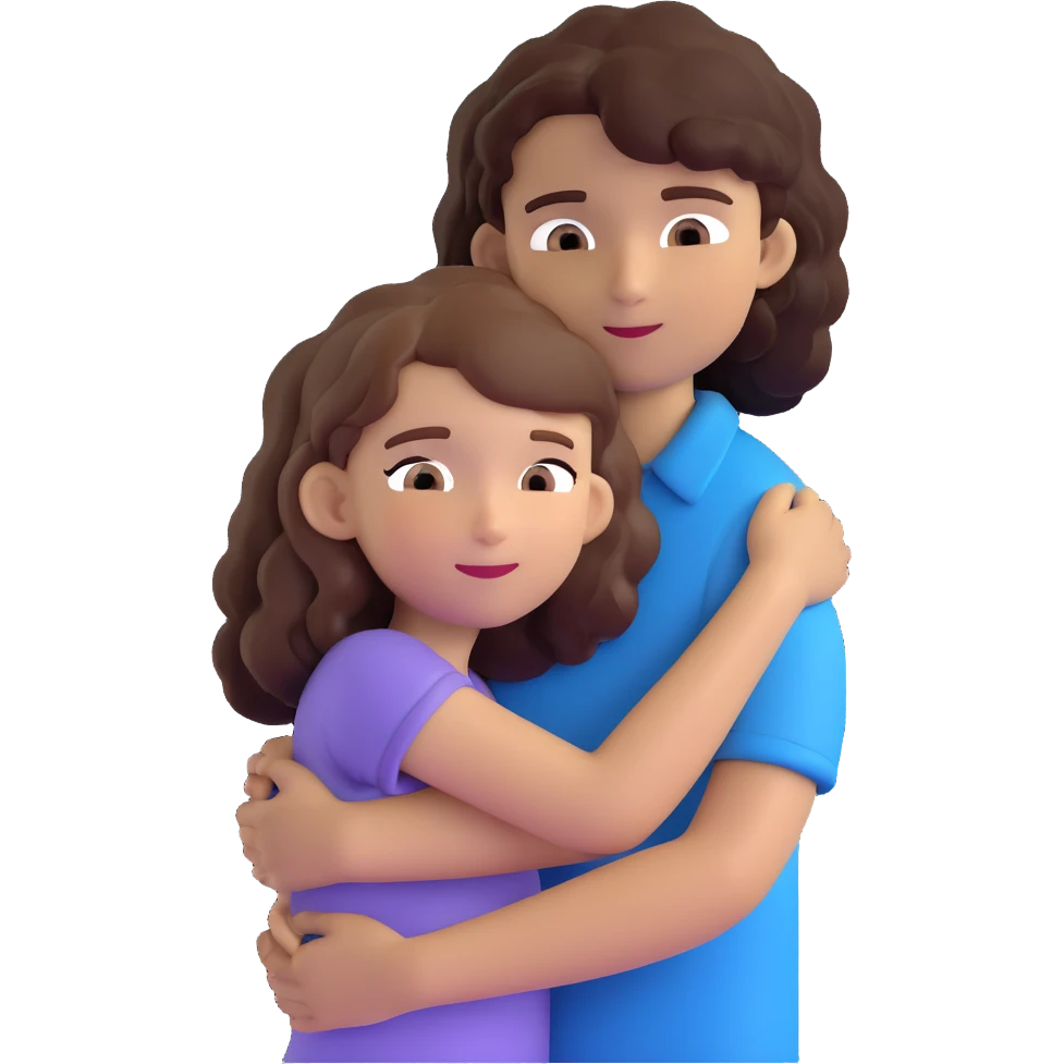 girl with long light brown hair and pale skin hugging a boy with short black curly hair and tanned skin emoji
