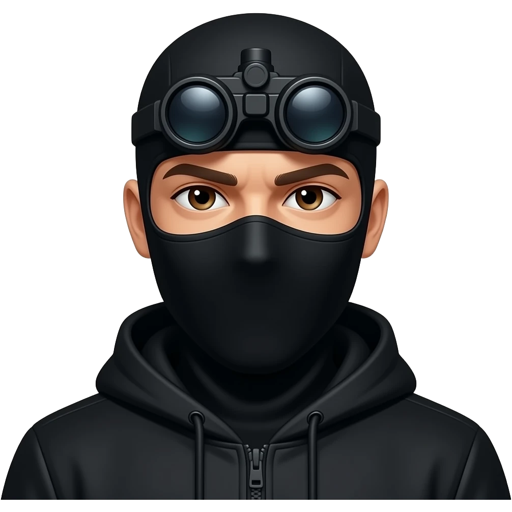 man with brown eyes wearing black clothes, face painted black with a black white balaclava and a black night vision device on his headtop emoji