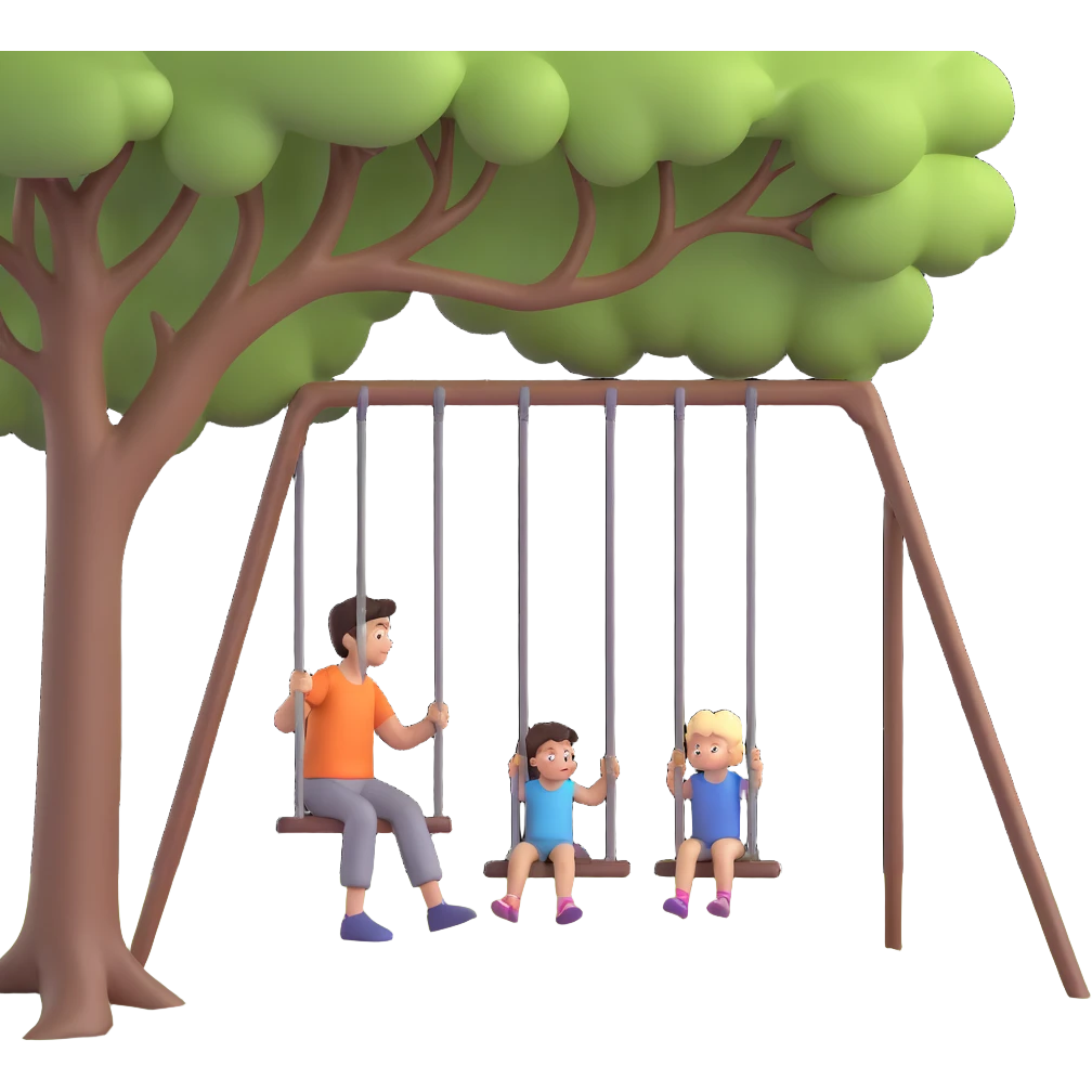 A person pushing a swing with a child sitting on it, outdoors, under a tree, in daylight. The swing is moving back and forth. Focus on the motion of swinging and the person gently pushing it emoji