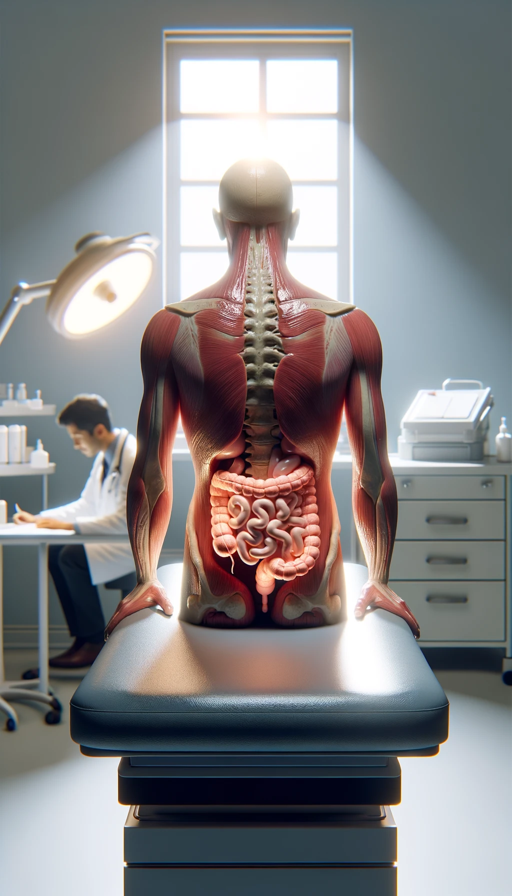 corpo umano anatomico seduto in uno studio clinico su un lettino con intestino umano anatomico visibile, sopra di lui lo illumina una luce, di spalle c'è un medico sfocato, sfondo chiaro iperrealistica 4k emoji