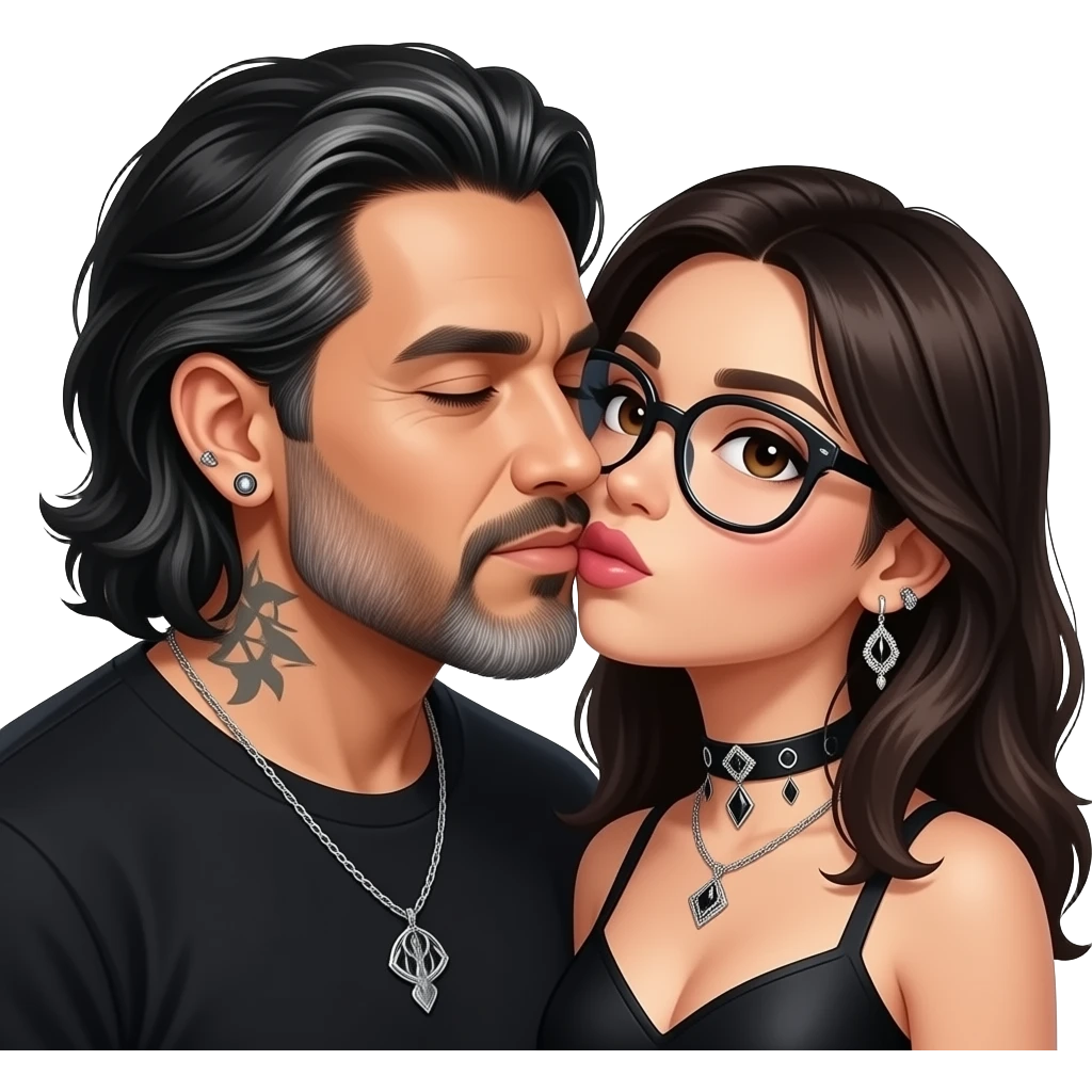 The handsome manly Latino podcast host with medium length hair, a long slightly graying beard and tattoos with his ears pierced 1 time each ear and a nose ring on the right side, dark brown eyes, wearing black, and jewelry, kissing a semi gothic woman with oversized glasses emoji