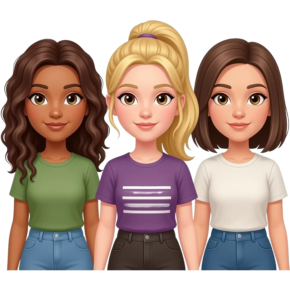 emoji that shows 3 females...all white skinned, one with long curly brown hair, one for blonde hair in a pony tail and one with shoulder length straight hair standing side by side and all fairskinned  with brown eyes emoji