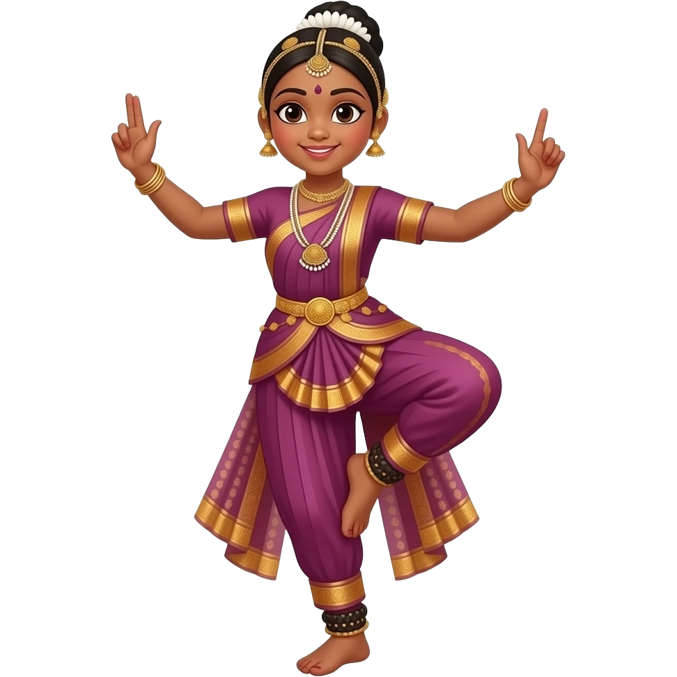 Medium brown skin girl in a bharatnataym dress doing a pose with her leg lifted up only 2 hand emoji