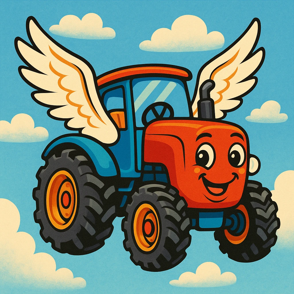 tractor with a smiling face and flying wings, fun and whimsical style emoji
