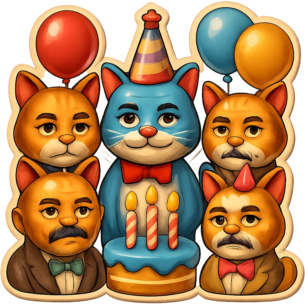 Make the six cats look more like men in their forties, with subtle masculine facial features, mature expressions, and hints of age, while keeping the festive birthday party emoji style. Preserve the transparent background. emoji