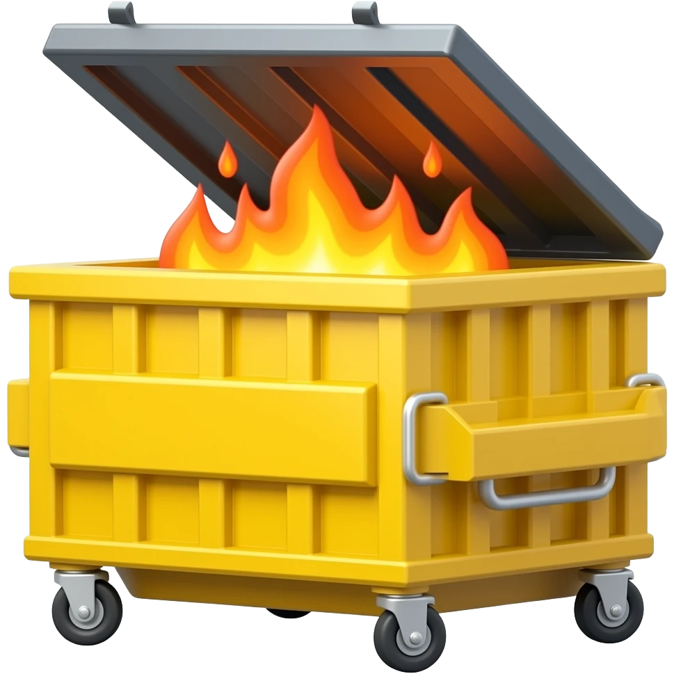 Yellow frontload with lids dumpster on fire emoji