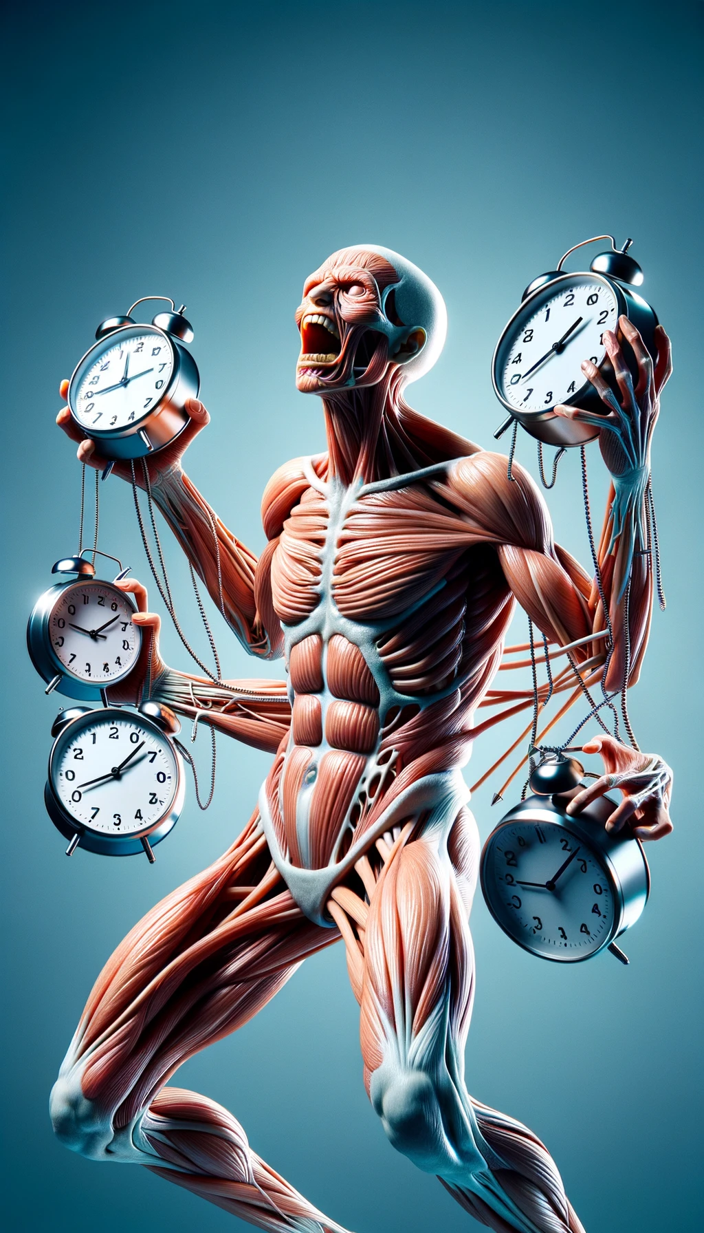 corpo umano anatomico CHE TIENE OROLOGI NELLE MANI E STA IMPAZZENDO PERCHé NON RIESCE A SVOLGERE TUTTE LE SUE ATTIVITà QUOTIDIANE: NON HA TEMPO, iperrealistico 4k emoji