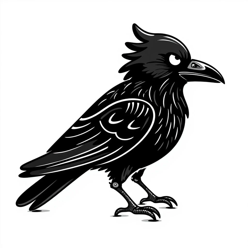 Cyber crow, monochrome, futuristic, digital, glowing eyes, simple lines, cyberpunk, high-tech, robotic, sleek design, abstract, electric, glowing circuits, mechanical wings, futuristic beak, glowing feathers, cybernetic enhancements, digital aura, neon glow, tech-inspired, vibrant cyber crow. emoji
