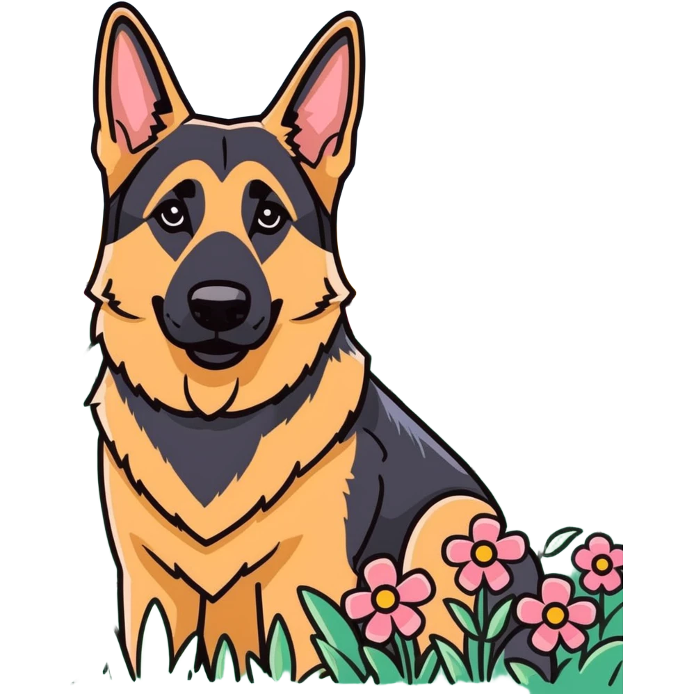 German shepherd dog in a field of flowers emoji