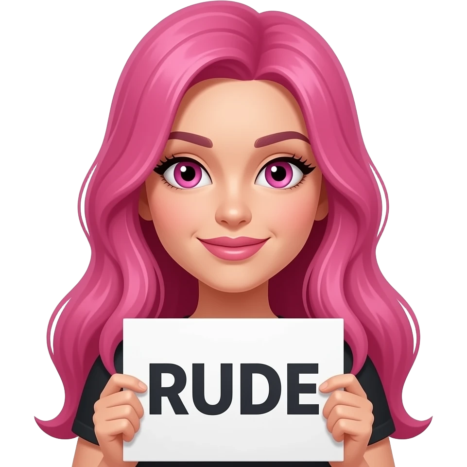 sexy girl with long pink hair and pink eyes holding RUDE... sign emoji