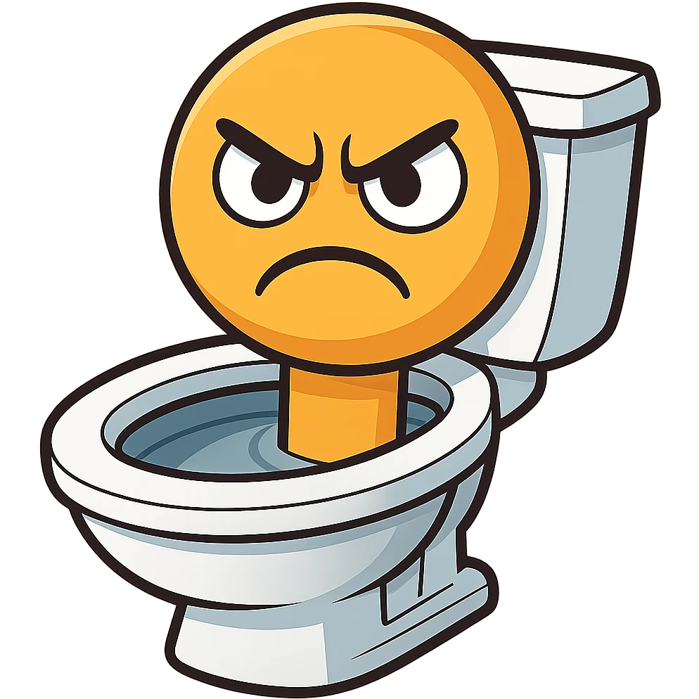 Edit the image so the head emerging from the toilet has an angry expression with furrowed brows and a scowl in emoji style. Keep the background transparent. emoji