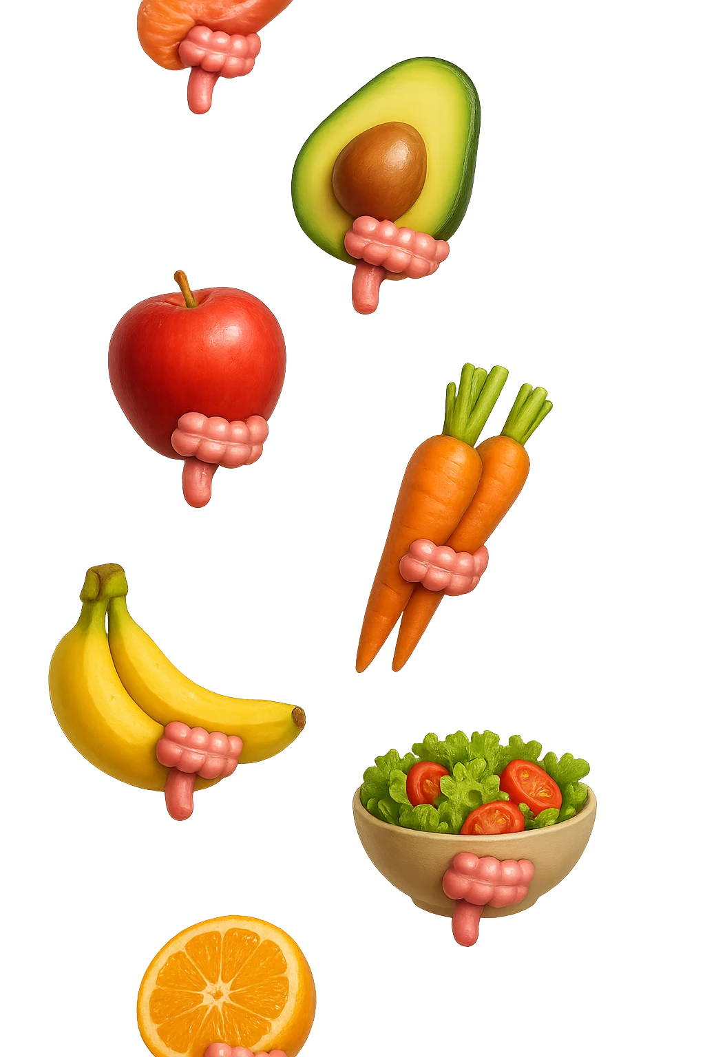 cibo sano fluttua in aria verticalmente stringendo piccoli colon umani, stile emoji iphone, iperrealistico 4k emoji