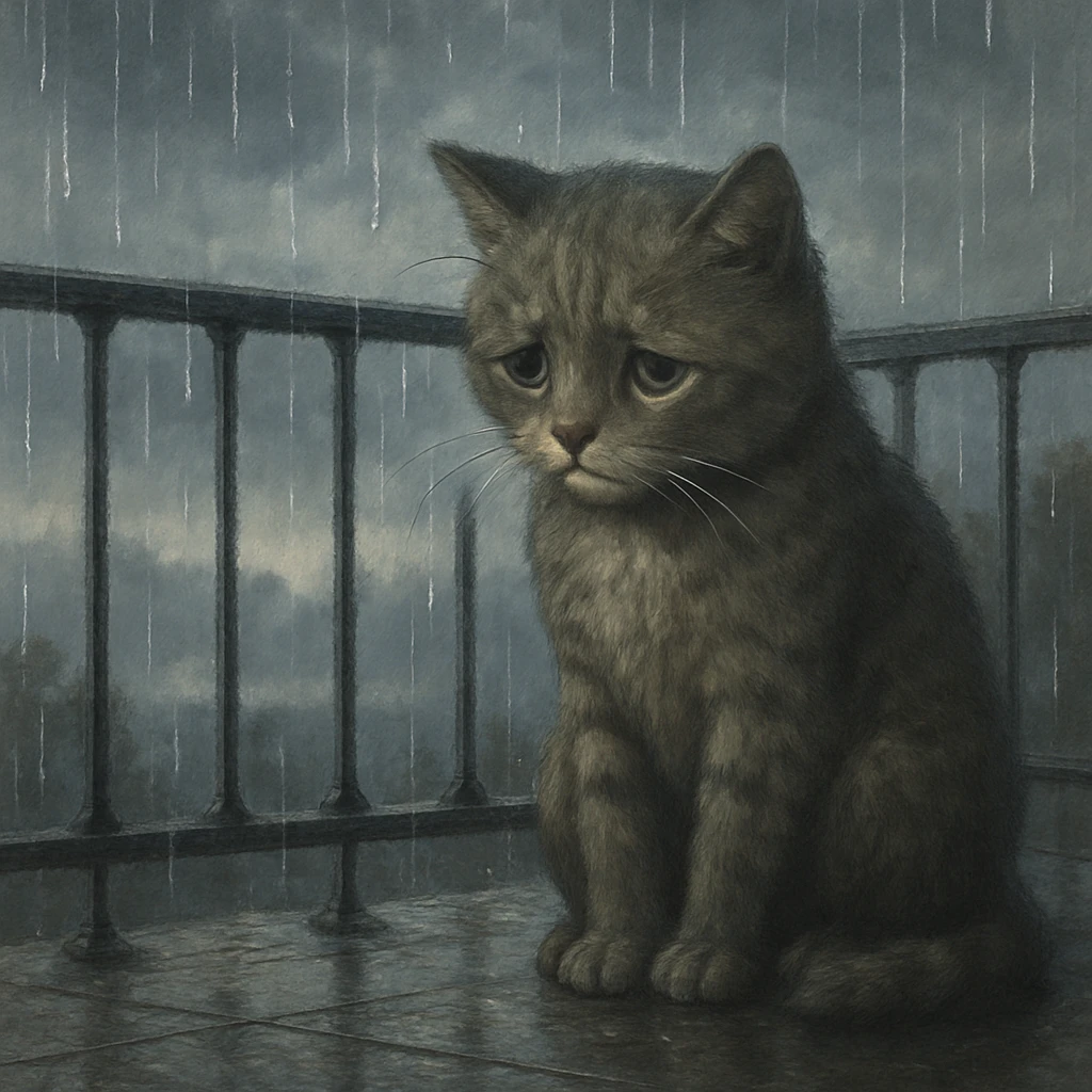 A sad cat sitting on a balcony, looking outside while it rains, with visible raindrops and a gloomy atmosphere. emoji